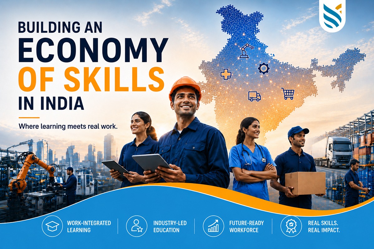Group of professionals in industrial and technical attire stand in front of an illustrated map of India, symbolizing skill development and workforce readiness in India.