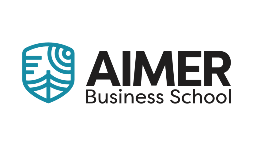 Logo of AIMER Business School featuring a modern shield-shaped emblem on the left with abstract lines and a circular design, accompanied by bold black text 'AIMER' and smaller text 'Business School'